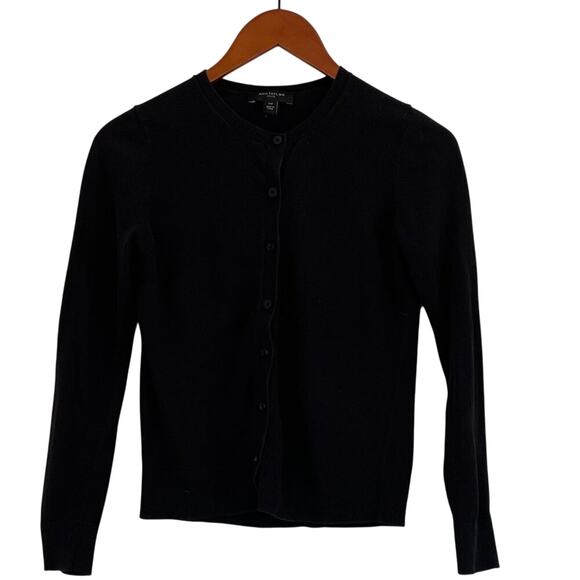 Ann Taylor Cotton Blend Black Button Down Crew Neck Cardigan, Size XSP - Picture 2 of 12